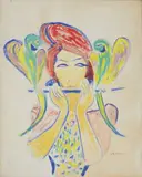 Femme aux peroquets by Isaac Mintchine, Gouache sur papier marouflé sur carton toilé, sold Jul 2020