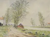 Paysage de campagne avec peniche amarrée by Edouard Febvre, Aquarelle, sold Jul 2020