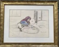 Femme préparant le couscous by Jacques Nam, Crayon gras et aquarelle, sold Jul 2020