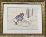Femme préparant le couscous by Jacques Nam, Crayon gras et aquarelle, sold Jul 2020