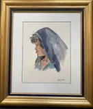 Tête de femme au voile bleu by Jacques Nam, Aquarelle, sold Jul 2020