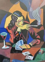 La joueuse de cartes by Jozef Popczyk, 1926, Gouache sur papier, sold Jul 2020