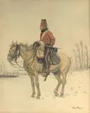 Hussard sur son cheval by Georges Scott, 1939, Plume et aquarelle, sold Jun 2020