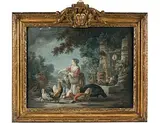 La jeune fermière et son enfant donnant du grain aux volailles by Jean-Baptiste Huet, Aquarelle gouachée, sold Jun 2020