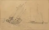 Barques à marée basse by Eugène Isabey, Crayon noir (tâches, insolé), sold Jun 2020