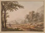 Promeneurs dans un paysage avec un lac by Johann Heinrich Müntz, Aquarelle sur traits de crayon noir, sold Sep 2024
