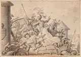 Scène du siège d'Orléans par Jeanne d'Arc by Louis Lafitte, Plume et encre brune, lavis gris sur traits de crayon noir et rehauts de gouache blanche, sold Sep 2024
