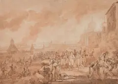 Scène de la Campagne de Russie : l'incendie de Moscou by Jacques François Swebach Desfontaines, Lavis de sépia et lavis brun, sur traits de crayon noir, rehauts de gouache blanche, sold Sep 2024