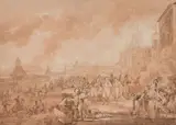 Scène de la Campagne de Russie : l'incendie de Moscou by Jacques François Swebach Desfontaines, Lavis de sépia et lavis brun, sur traits de crayon noir, rehauts de gouache blanche, sold Sep 2024