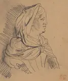 Portrait de femme en buste de profil droit by Eugène Delacroix, Crayon noir sur papier beige, sold Sep 2024
