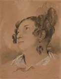 Portrait de femme regardant vers le haut by Eugène Devéria, Pierre noire, sanguine et rehauts de gouache blanche, sold Sep 2024