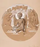 Ange entouré d'un choeur céleste by Henri Lehmann, Plume et encre brune, lavis brun et rehauts de gouache blanche sur papier beige, sold Sep 2024