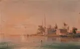 Paysage oriental au soleil levant by Ambroise Louis Garneray, Aquarelle gouachée, sold Sep 2024