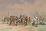 Le repos de la cavalerie devant le château de Vincennes by Isidore Pils, 1859, Aquarelle gouachée sur traits de crayon noir, sold Sep 2024