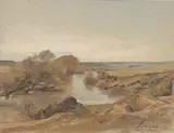 Paysage de tourbières by François-Louis Français, Plume et encre brune, aquarelle, sold Sep 2024