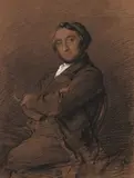 Portrait d'homme assis fumant by François-Louis Français, Pierre noire, sanguine et rehauts de gouache blanche sur papier brun, sold Sep 2024
