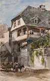 Vue animée d'une ruelle à Bagnères-de-Bigorre by William Wyld, Aquarelle sur traits de crayon noir, sold Sep 2024