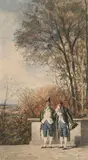 Deux hommes sur une terrasse surplombant un sous-bois by Ferdinand Heilbuth, Aquarelle sur traits de crayon noir, sold Sep 2024