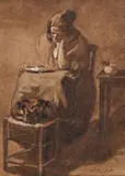 Femme à la lecture avec un chat à ses pieds by François Bonvin, Lavis brun sur traits de crayon noir, rehauts de gouache blanche et d'aquarelle, sold Sep 2024