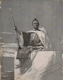 Soldat oriental by François Jean Baptiste Benjamin-Constant, Plume et encre noire, rehauts de gouache blanche et grattages sur papier quadrillé, sold Sep 2024