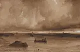 Marine by Théodore Gudin, Plume et encre brune et lavis brun et rehauts de gouache blanche, sold Sep 2024