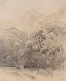 Paysage montagneux boisé by Alexandre Calame, Plume et encre brune, crayon noir et estompe, sold Sep 2024