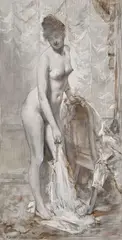 Nu féminin à sa toilette by Henri Gervex, Crayon noir et huile sur papier quadrillé, sold Sep 2024