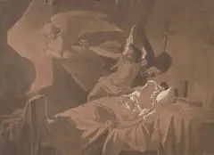 Deux scènes d'histoire romantique avec l'esprit des forêts, les pensées licencieuses du sommeil by Zichy Mihály, 1859, Lavis brun et rehauts de gouache blanche sur traits de crayon noir, sold Sep 2024