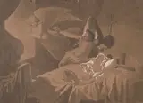 Deux scènes d'histoire romantique avec l'esprit des forêts, les pensées licencieuses du sommeil by Zichy Mihály, 1859, Lavis brun et rehauts de gouache blanche sur traits de crayon noir, sold Sep 2024