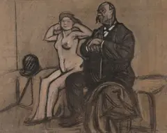 Jeune fille et homme âgé assis by Maxime Dethomas, Fusain, gommage et rehauts de gouache sur cartonette teintée, sold Sep 2024