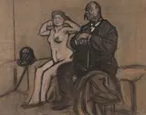 Jeune fille et homme âgé assis by Maxime Dethomas, Fusain, gommage et rehauts de gouache sur cartonette teintée, sold Sep 2024