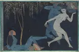 Bacchanale nocturne, faune et faunesse by Georges Barbier, Aquarelle et rehauts de gouache blanche et de doré, sold Sep 2024