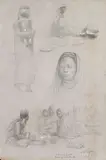 Feuille d'études avec des femmes au marché à Médine by Joseph de la Nezieres, Crayon noir, estompe et rehauts de gouache blanche sur papier mi-teinte, sold Sep 2024