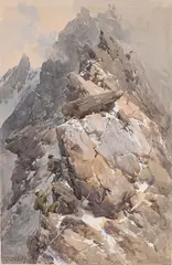 Deux grimpeurs au sommet d'une arête enneigée by Edward Theodore Compton, Aquarelle sur traits de crayon noir et rehauts de gouache blanche, sold Sep 2024