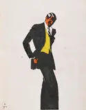 Projet d'affiche pour un homme au gilet jaune by René Gruau, Encre de Chine, gouache et bandes de papier ajoutées, sold Sep 2024