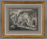 Ruines animées by Claude-Louis Châtelet, Plume et encre noire, lavis gris et rehauts de gouache blanche sur papier anciennement ble, sold Sep 2024