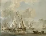 Marine, bateaux de commerce à quai et dans une rade by Gerrit Groenewegen, Aquarelle, plume et encre brune, sold Sep 2024