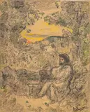 Le promeneur by François Vernay, Crayon noir et craies de couleur, sold Sep 2024