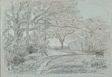 Chemin sous un grand chêne by François Vernay, Crayon noir, rehauts de sanguine, sold Sep 2024
