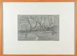 Chemin sinueux sous les arbres by François Vernay, 1860, Crayon noir, sanguine et lavis d'encre, sold Sep 2024