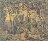 Femme et enfant sous les grands arbres by François Vernay, Crayon noir, rehauts de craies de couleur et de gouache, sold Sep 2024