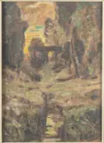 Paysage au crépuscule by François Vernay, Gouache et rehauts de craie, sold Sep 2024