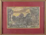 Soleil couchant, une maison sur la gauche by François Vernay, Crayon noir rehauts de craies de couleur et de gouache, sold Sep 2024