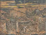 Paysanne travaillant près d'une ferme by François Vernay, Plume et encre brune et rehauts de gouache sur papier calque, sold Sep 2024