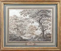 Paysans et troupeaux devant une ferme dans un paysage boisé by Jacob Cats, Plume et encre brune, lavis gris sur traits de crayon noir, sold Sep 2024