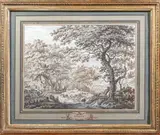 Paysans et troupeaux devant une ferme dans un paysage boisé by Jacob Cats, Plume et encre brune, lavis gris sur traits de crayon noir, sold Sep 2024