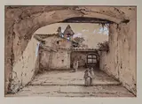 Moines by Charles-Marie Bouton, Crayon noir, plume et encre brune, rehauts de gouache, sold Sep 2024