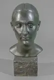 Femme au chignon », modèle créé en 1929 by Claudius Linossier, Plâtre à patine vert antique sur base cubique, sold Sep 2024