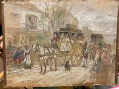 L'arrivée de la diligence by Eugène Chaperon, 1885, Crayon, aquarelle et gouache sur papier marouflé sur panneau, sold Feb 2023
