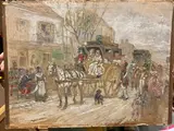 L'arrivée de la diligence by Eugène Chaperon, 1885, Crayon, aquarelle et gouache sur papier marouflé sur panneau, sold Feb 2023